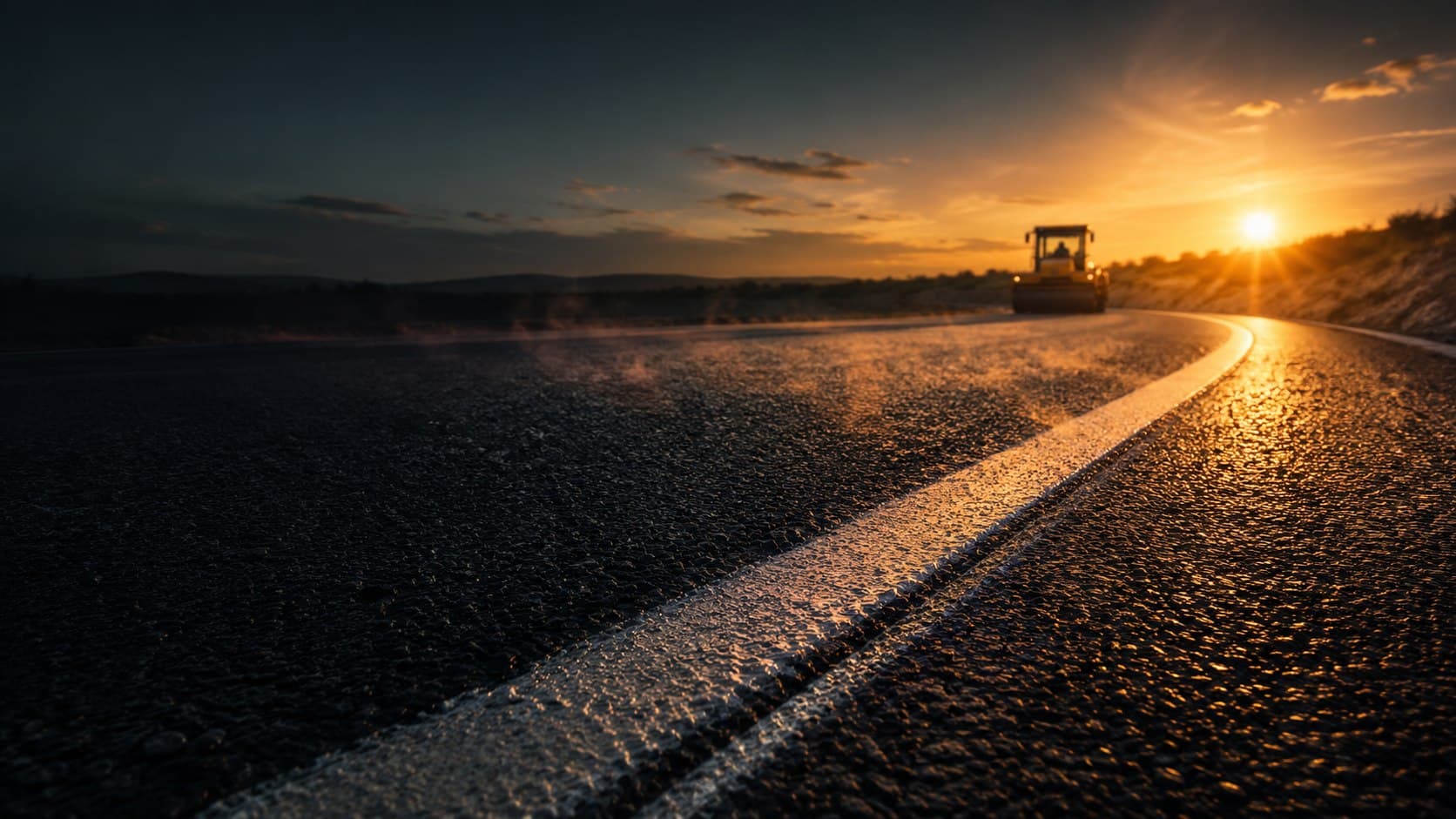 Freshly laid hot asphalt road sweeping toward a golden Gauteng horizon